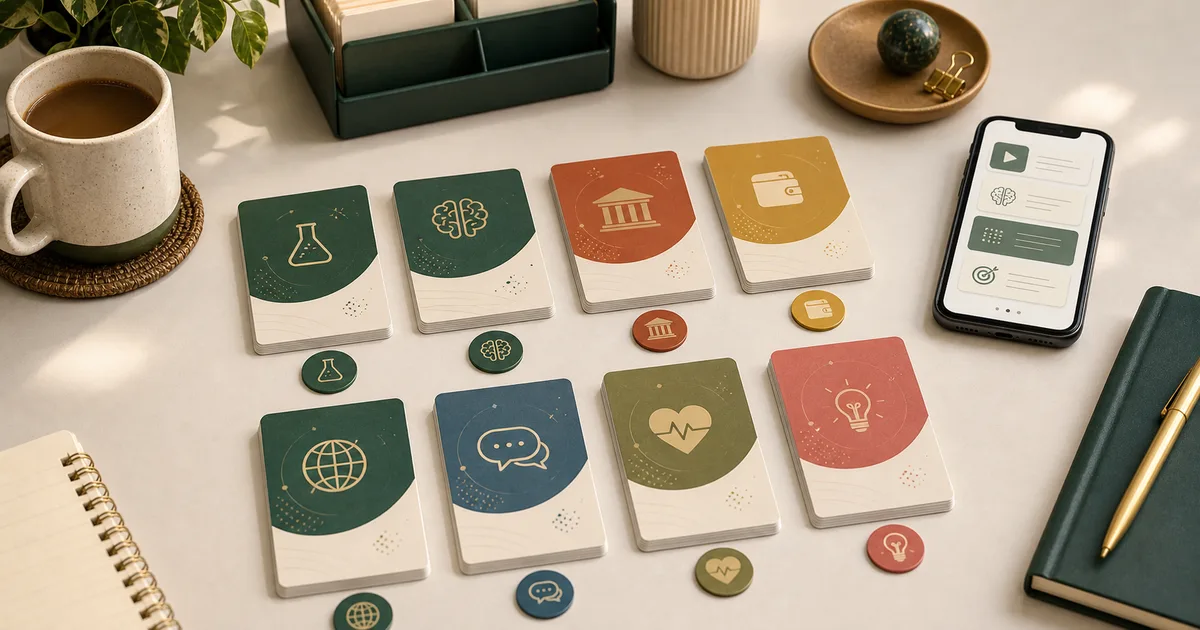 A wall of colorful fact cards sorted into conversation categories