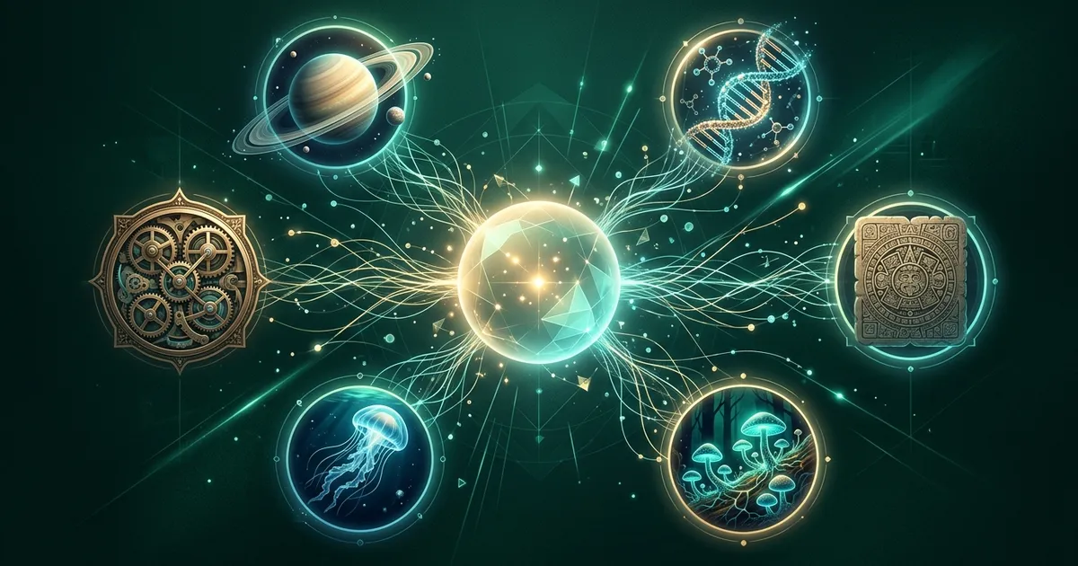 A glowing orb with threads reaching out to a ringed planet, a DNA helix, an ancient stone tablet, a mushroom network, a jellyfish and old gears