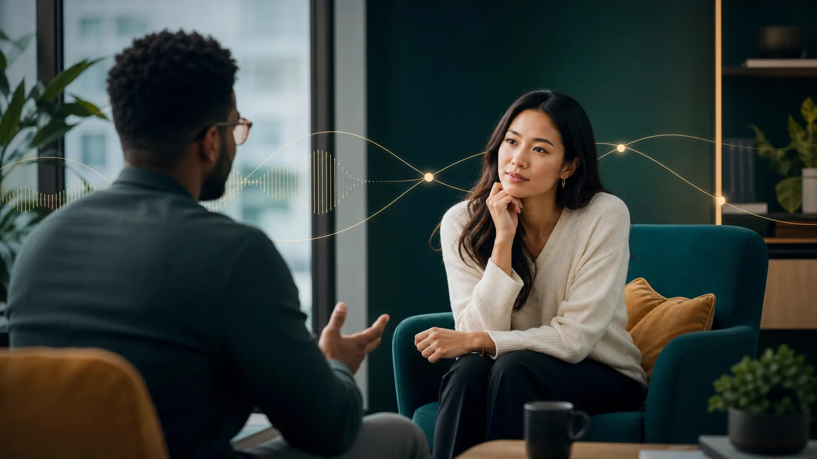 Two professionals having a calm one-on-one conversation with attentive listening