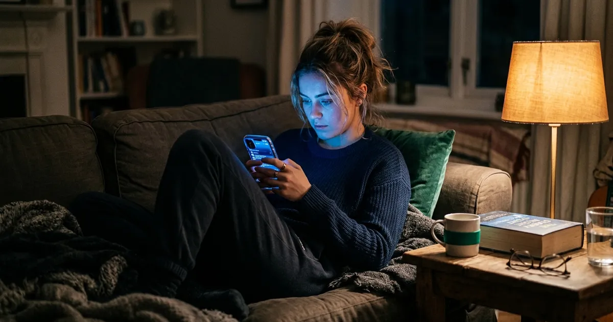 A young adult lying awake in a dark bedroom, face lit blue by an endless social feed on their phone