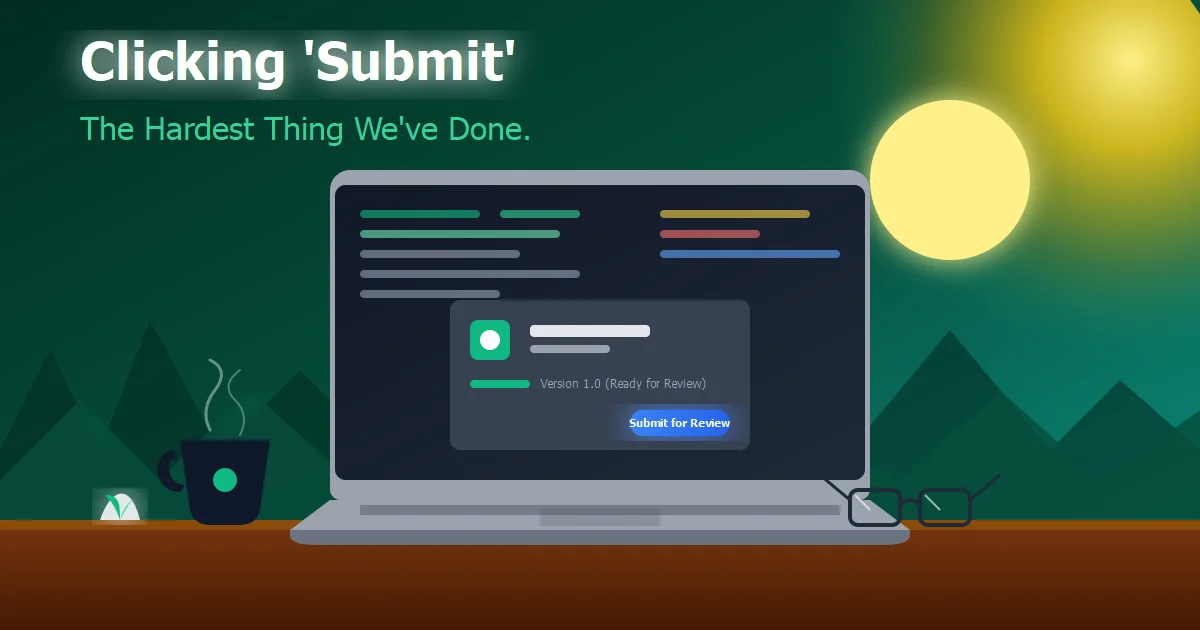 Founder clicking the submit button on a laptop in the sunlight, with app store submission form on screen