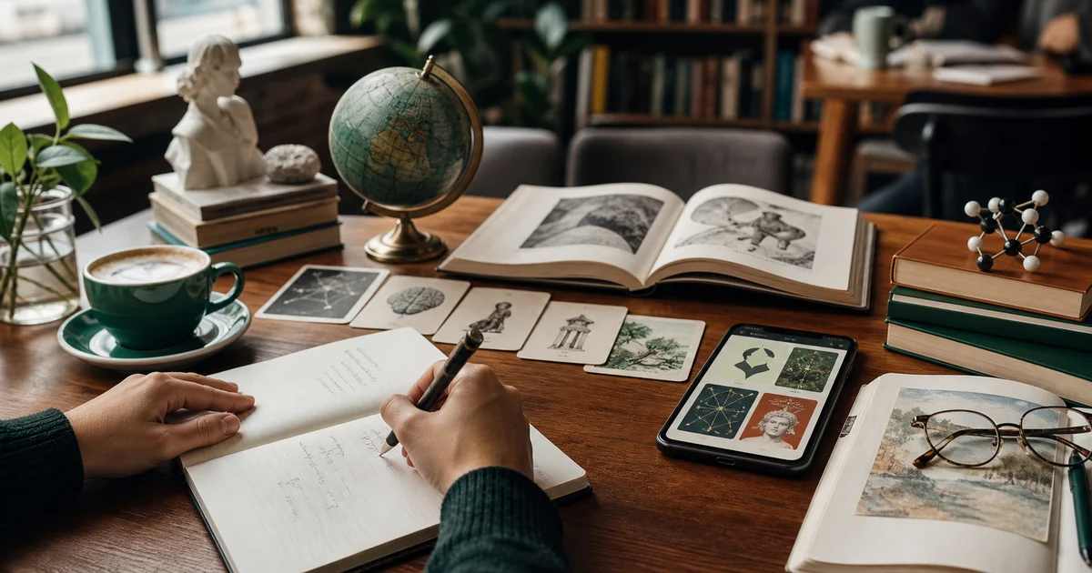 Curious adult writing ideas in a notebook beside books, coffee, science cards, and a learning phone interface