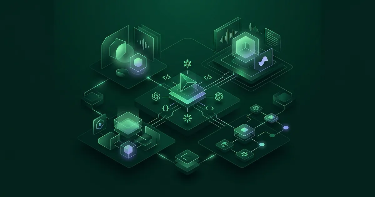 Developer workstation with multiple screens showing code editors, AI interfaces, and a mobile app build in progress