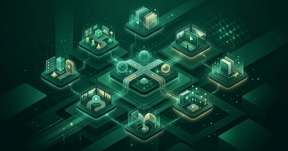 Adult browsing educational apps on a smartphone, with a curious expression and diverse learning icons on screen