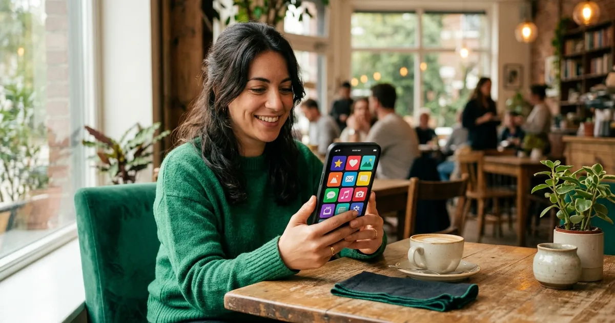 A phone home screen showing learning and habit apps replacing social media icons, with a morning coffee beside it