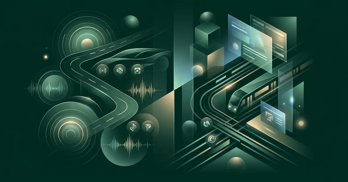 Person on a train learning on their phone with headphones in, city passing by the window