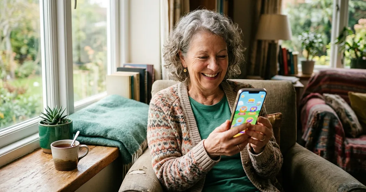 A relaxed older woman in a sunlit kitchen holding a tablet with large clear text, smiling as she reads a short lesson