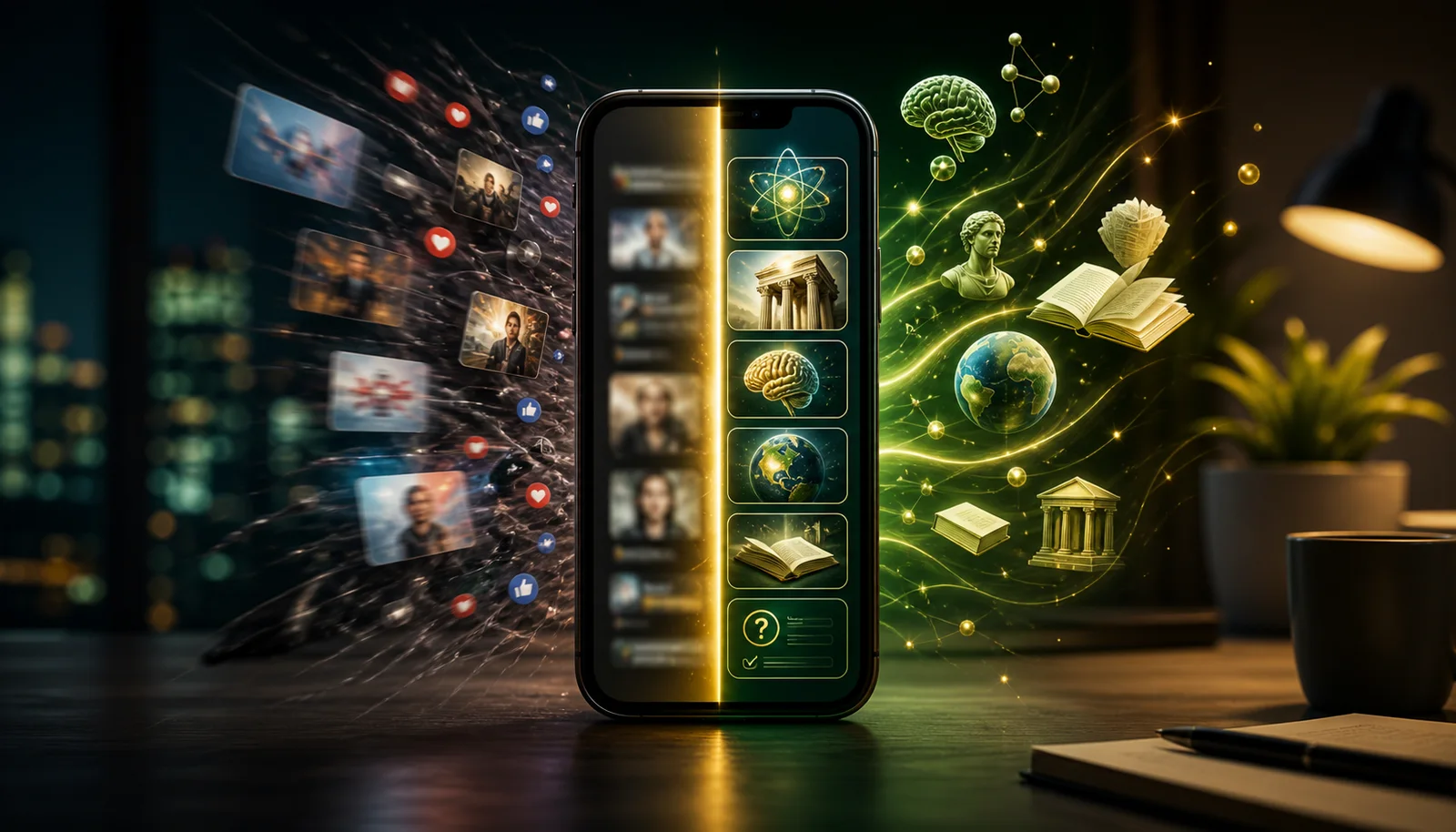 A smartphone turning chaotic social media scrolling into organized general knowledge learning cards
