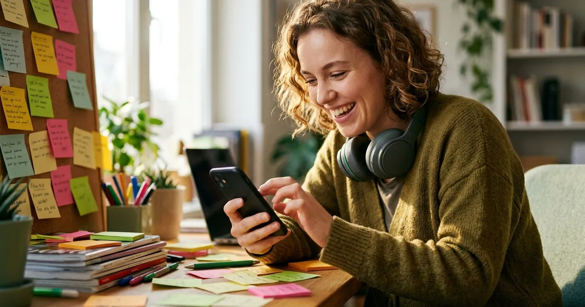 Adult with ADHD smiling while finishing a short lesson on their phone, a small streak counter glowing on the screen