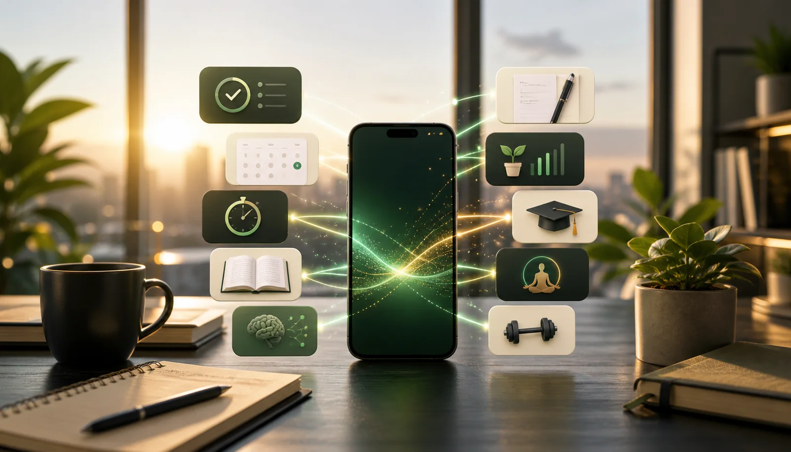 A smartphone surrounded by useful productivity app cards for tasks, learning, focus, habits, and reading