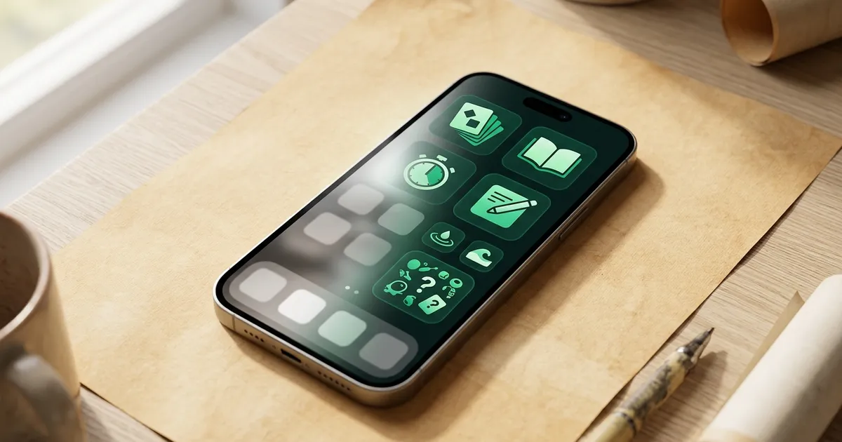 A phone home screen replacing social media icons with learning, reading, focus, notes, and curiosity apps in a warm emerald workspace