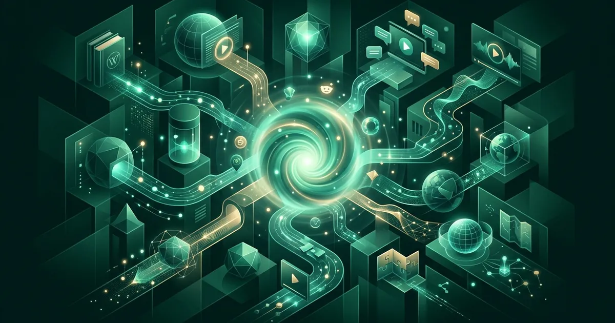 A visual representation of falling into a digital rabbit hole with branching paths of knowledge leading to science, history, and nature topics