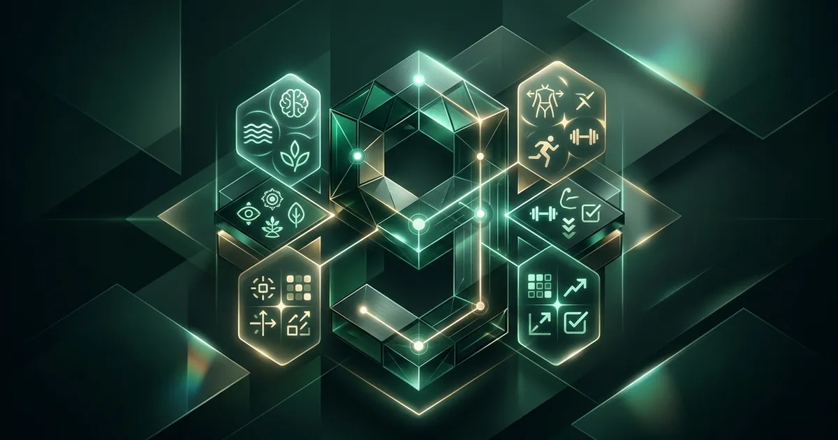 Grid of nine app icons representing self-improvement categories: learning, meditation, fitness, and habits