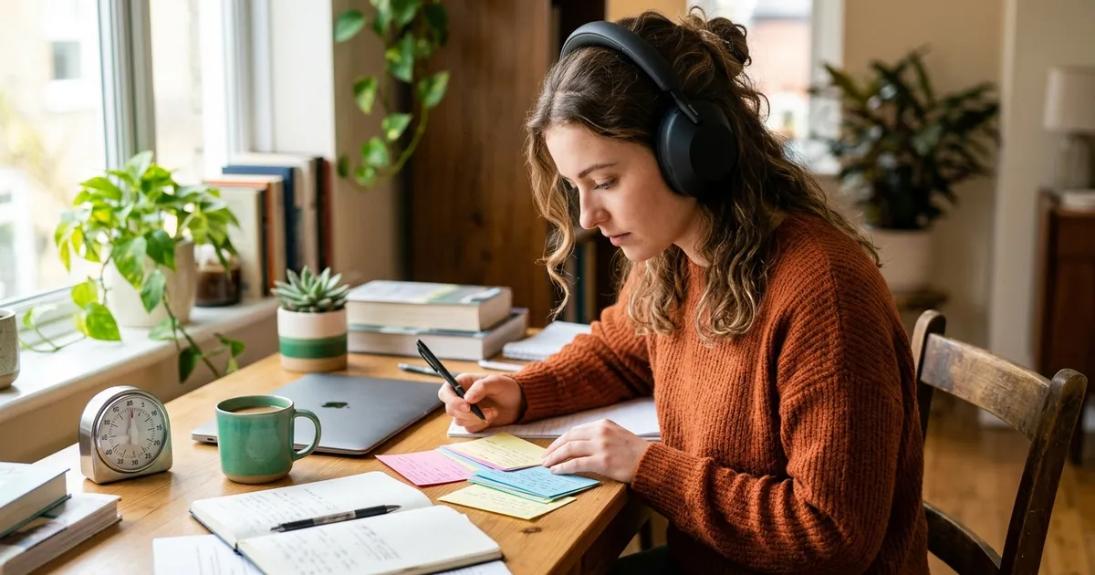 A student studying with a Pomodoro timer and short flashcards at a tidy, distraction-free desk