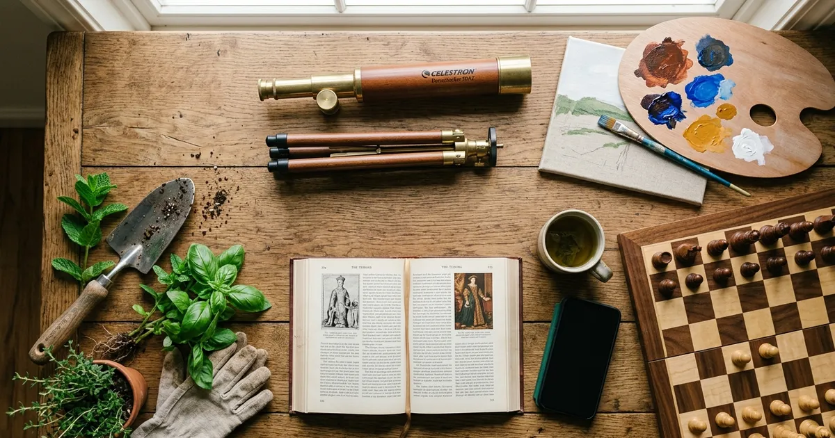 A retired couple at a sunlit kitchen table, one reading about constellations on a tablet and the other sketching a garden plan