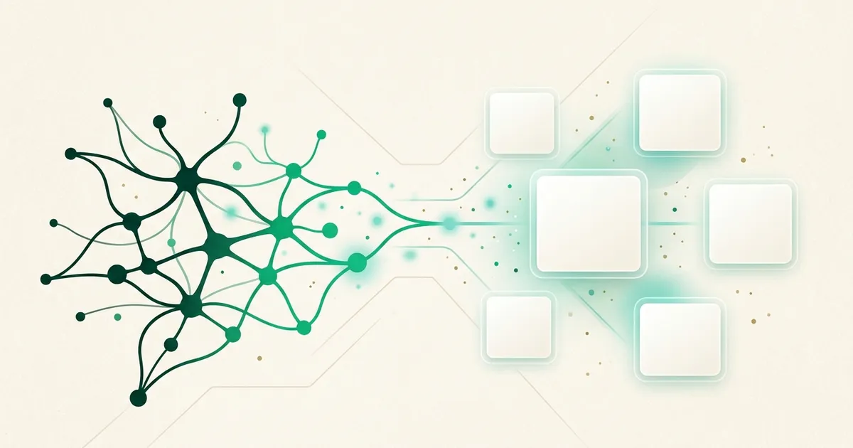 Abstract emerald neural network transforming into clean learning cards on a warm papyrus background