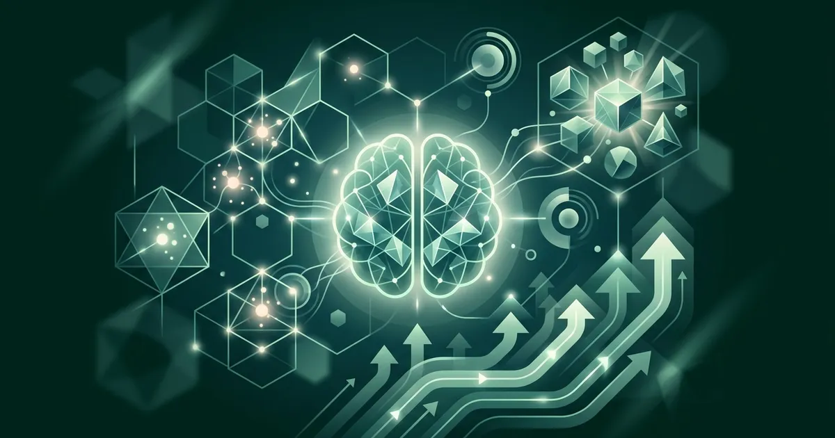 Abstract emerald illustration of a glowing brain surrounded by puzzle pieces, chess figures, and interconnected light paths symbolizing lifelong mental fitness