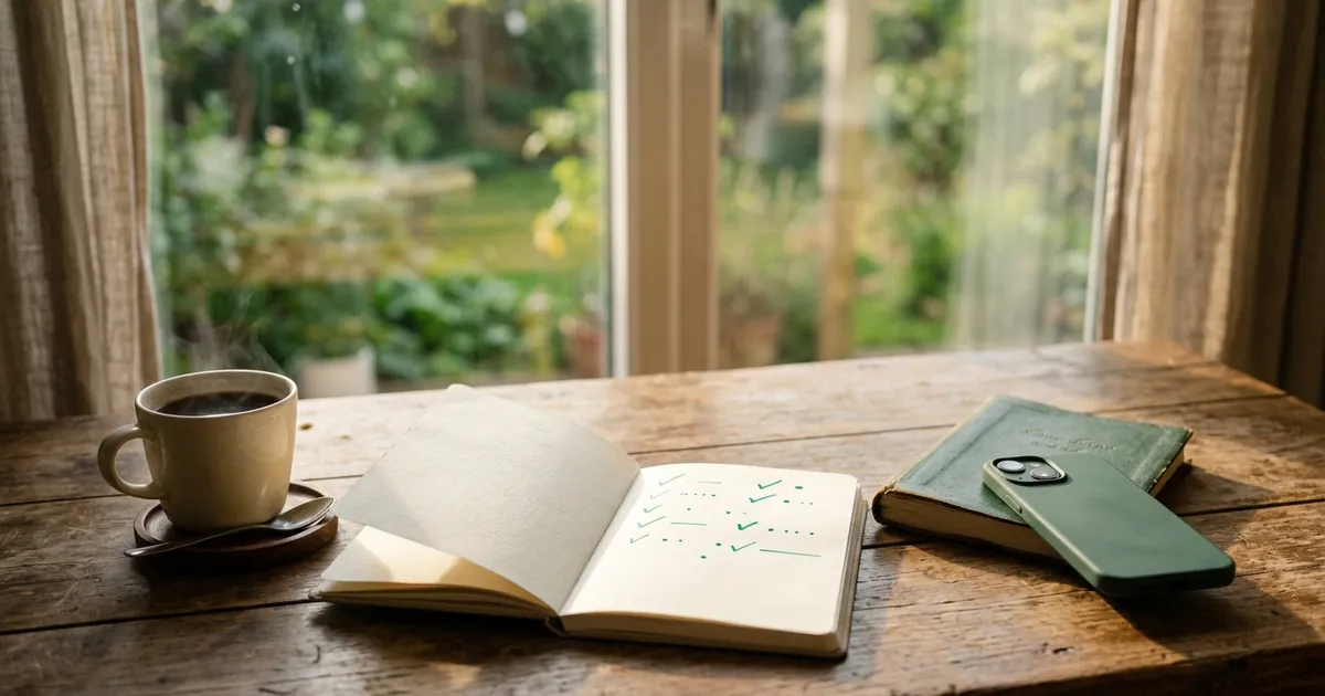 A calm morning routine scene representing building good, healthy daily habits