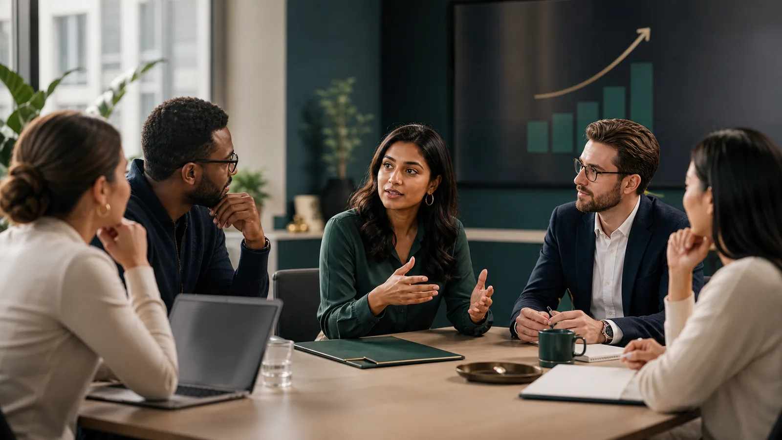 Professional speaking clearly in a team meeting while colleagues listen