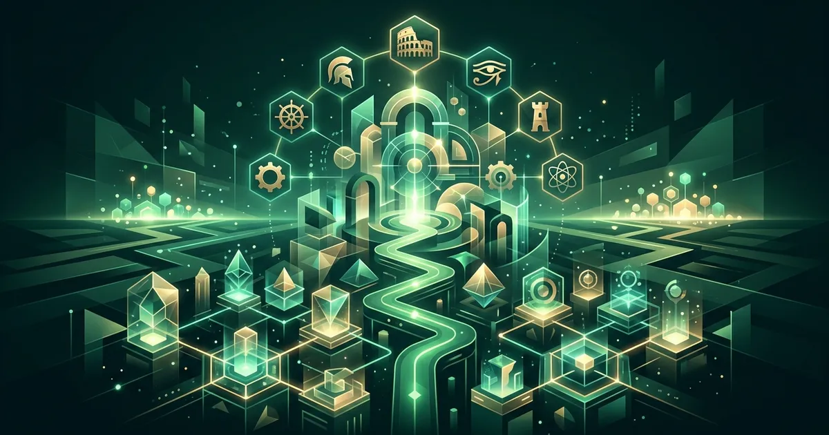 Abstract emerald illustration of a glowing path winding upward through history icons: a Colosseum, a Spartan helmet, a castle and a ship wheel