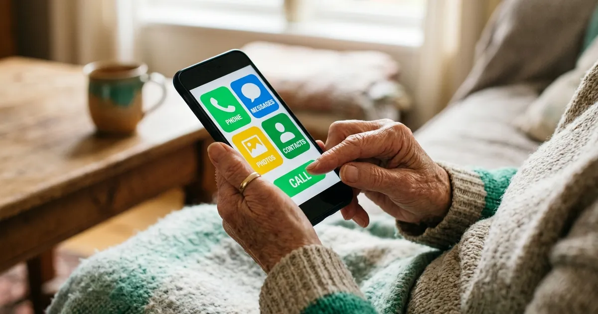 An older woman relaxed on her sofa comfortably reading a clean, large-text learning app on her phone with a calm, uncluttered screen