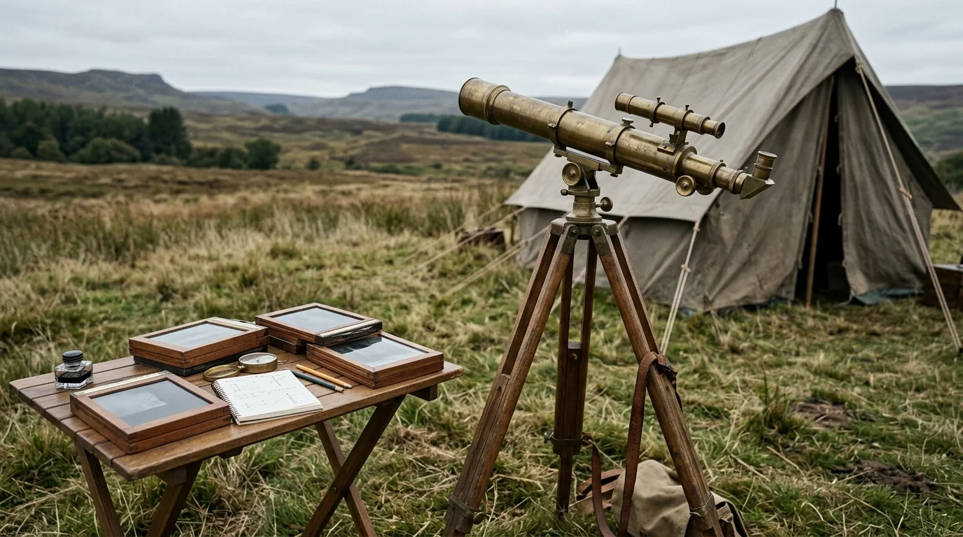 Early twentieth century eclipse expedition with a brass telescope and photographic plates