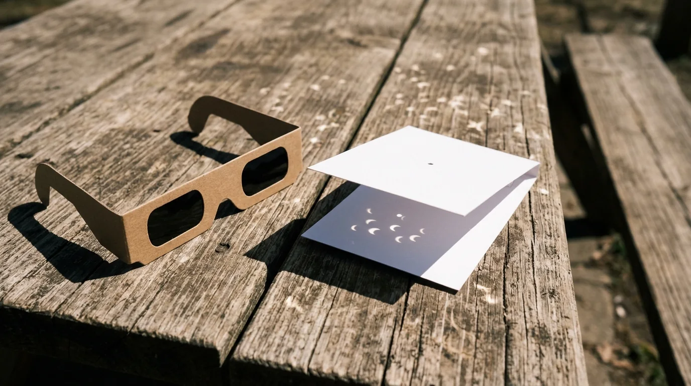Certified eclipse glasses beside a card pinhole projector casting crescent suns