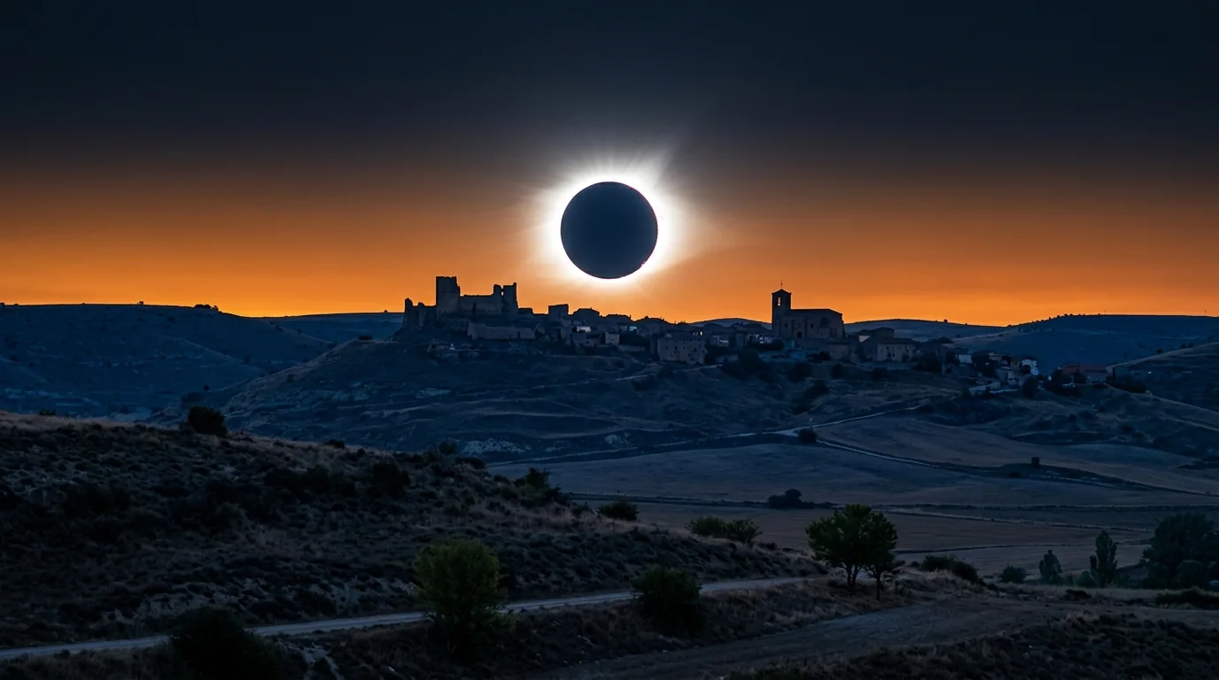 Eclipsed sun low over a northern Spanish landscape near sunset
