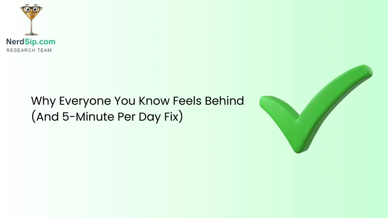 Person overwhelmed by a pile of unread content and pending goals, with a simple 5-minute timer nearby