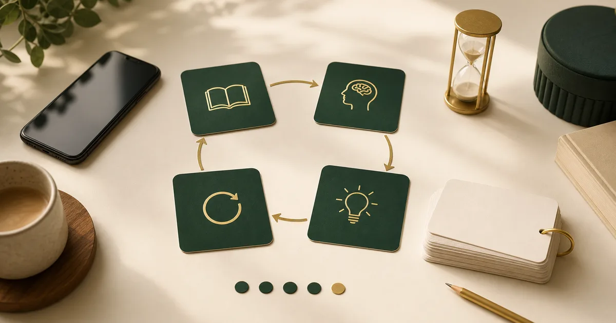 Five-minute learning loop with phone, timer, recall cards, progress dots, and repeatable learning cycle