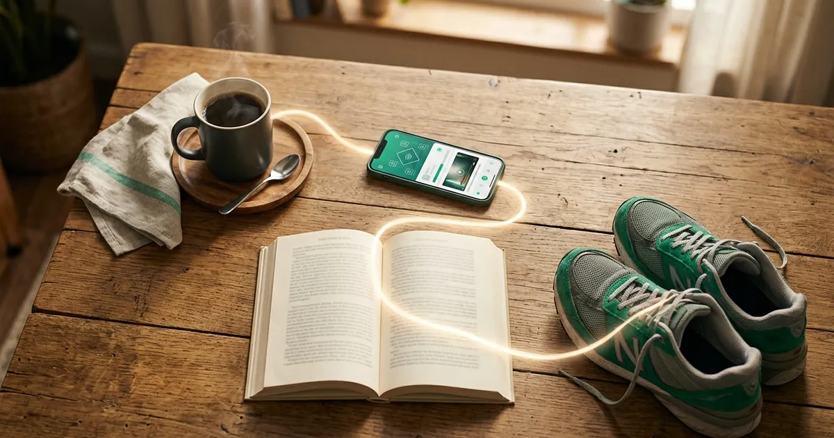 A coffee mug on a kitchen counter next to a phone showing a short lesson, illustrating a new learning habit stacked onto the existing habit of making morning coffee