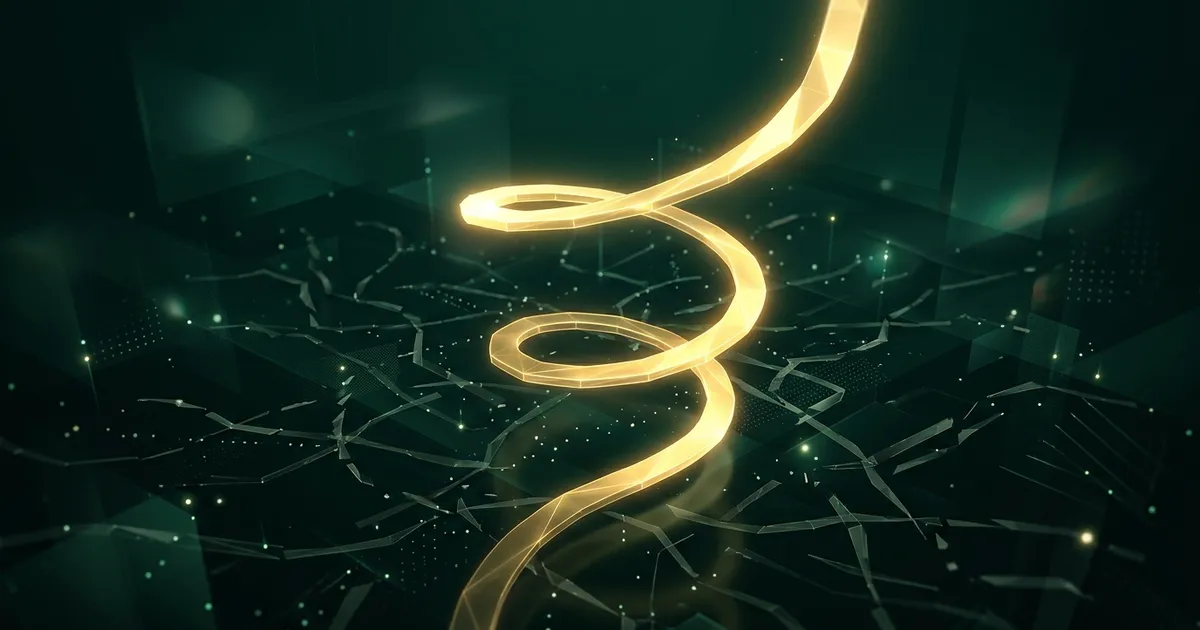 A single golden ribbon spiralling upward above a dark emerald floor of faint, broken lines, like the one path that held up