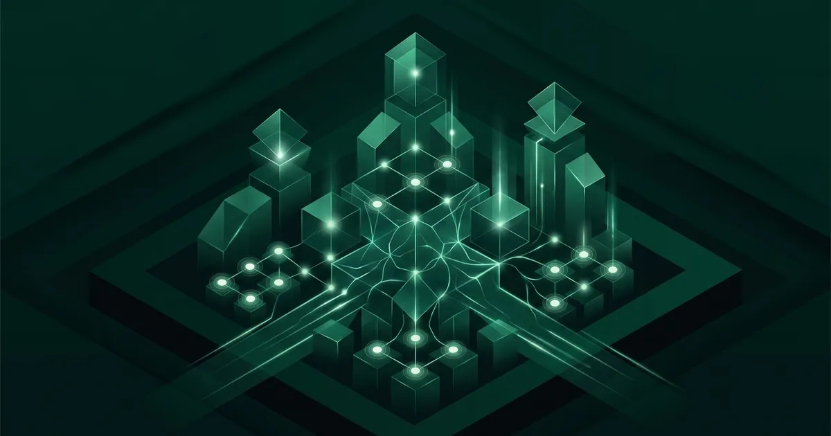 Abstract emerald illustration of glowing blocks linked by lines of light, like small habits connecting into a network