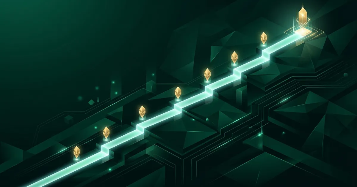 A glowing staircase path climbing diagonally across dark emerald geometric terrain, with eight gold markers along the way and a brighter one at the top