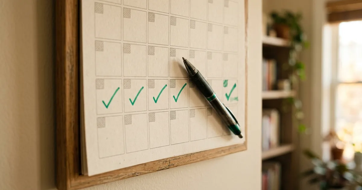 A wall calendar with days marked off in a streak, a coffee cup and an open learning app beside it on a desk
