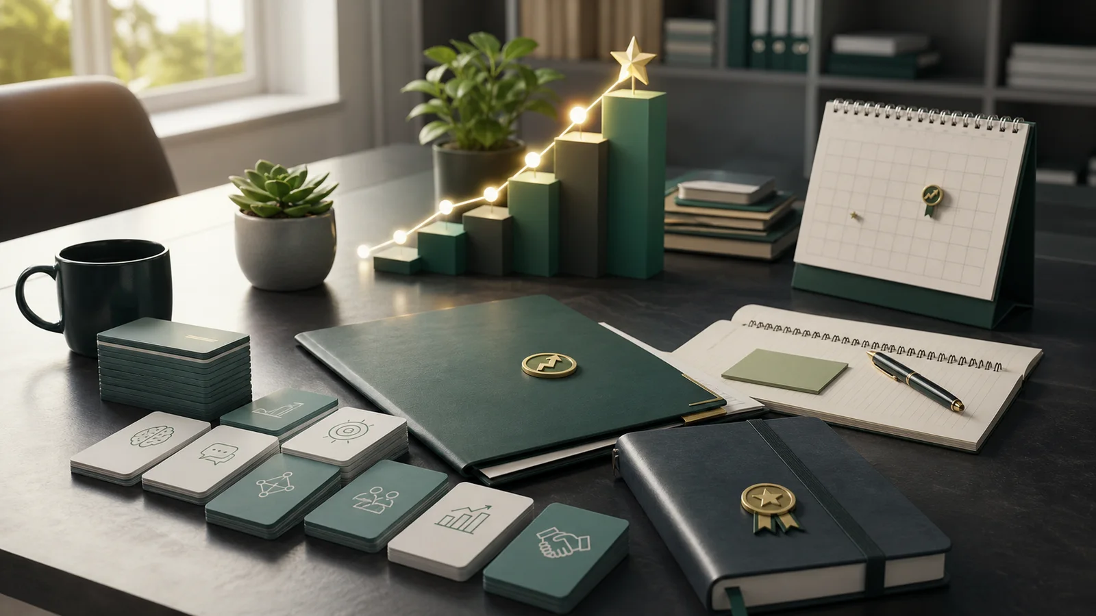 Microlearning cards, career notes, and progress markers arranged on a modern workplace table