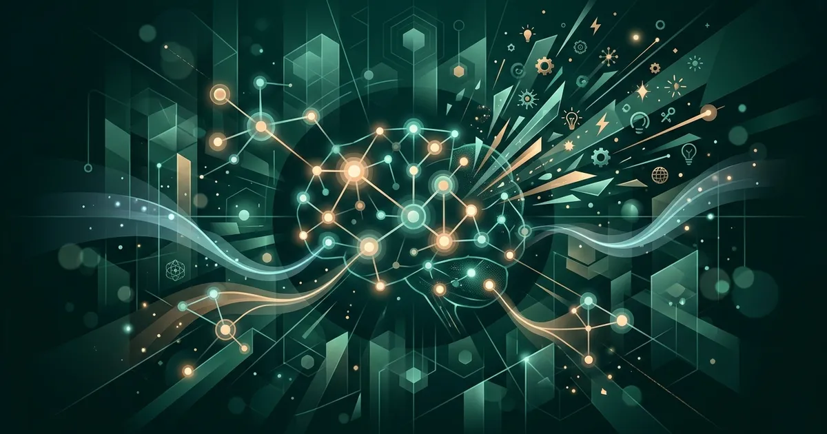 A glowing human brain with colorful sparks and interconnected pathways representing creative thinking and neural connections