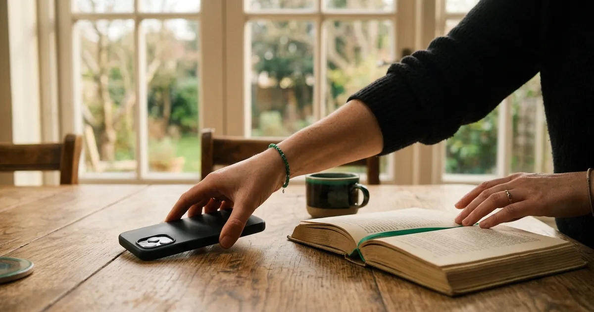 A hand putting down a phone showing a social feed and reaching instead for a learning app, on a calm desk at night