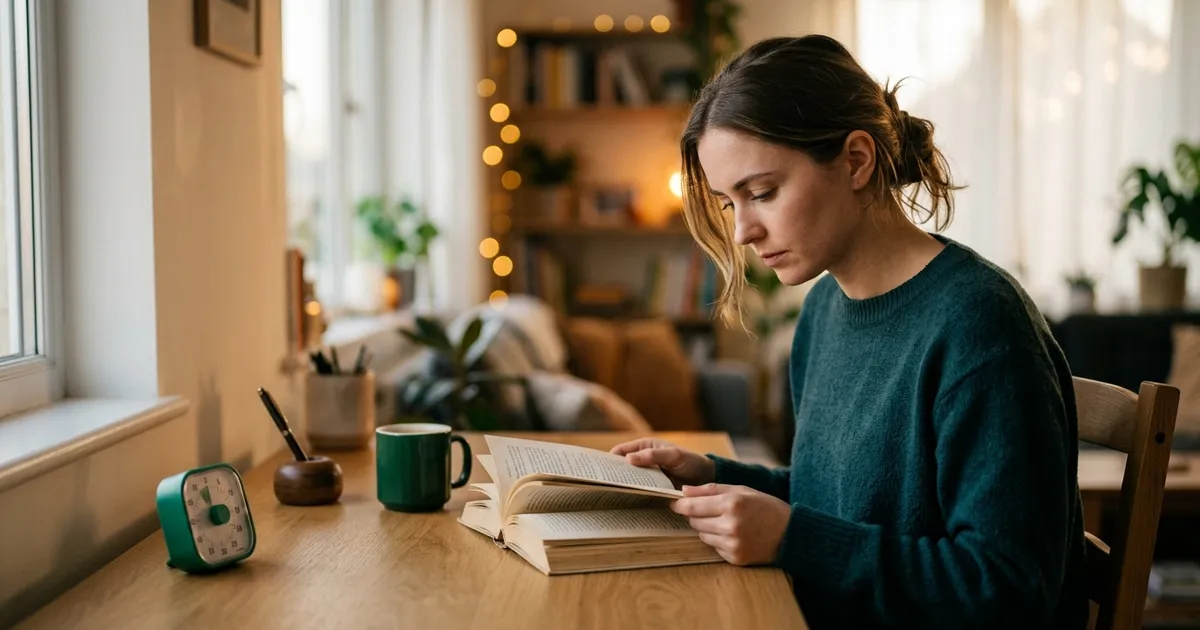 A person at a clear desk with a single open book and a phone face-down in a drawer, a 30-day calendar on the wall behind them