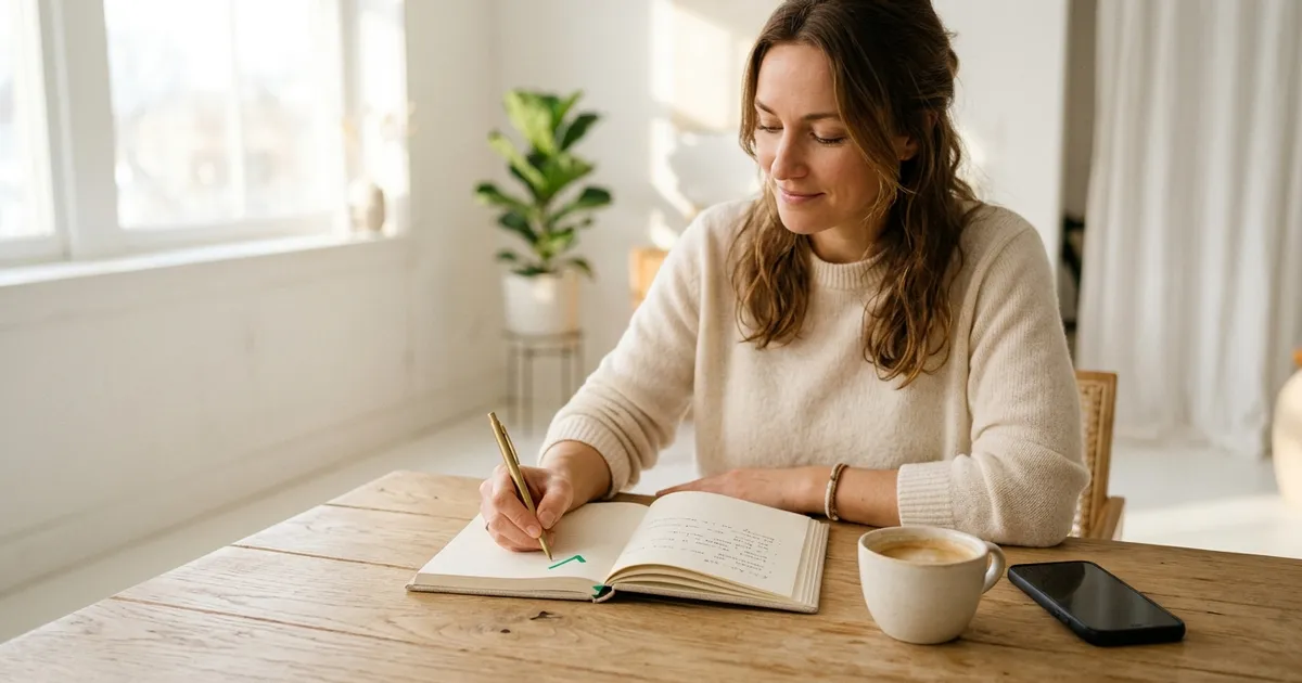 A person calmly checking off a small daily habit on a calendar while a phone sits face-down nearby, illustrating a system-based approach to building good habits