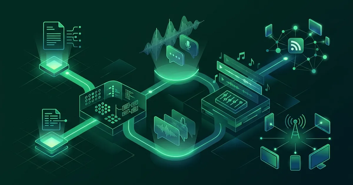 Person creating an AI-generated podcast on their laptop with waveform visualization on screen