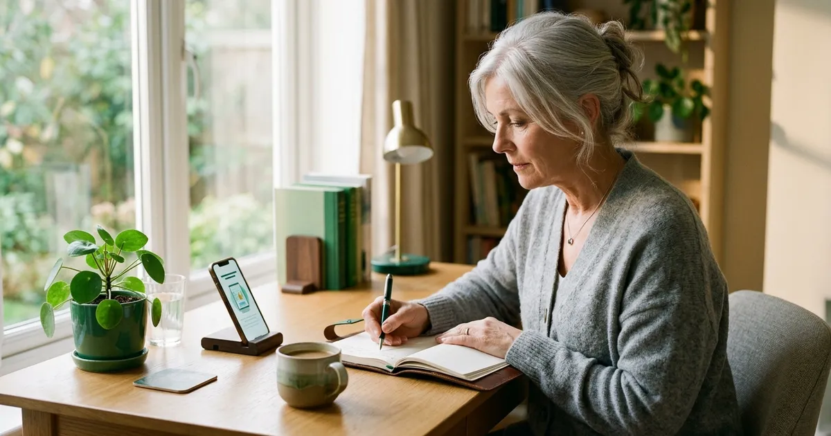 A retired man in a bright home office starting his morning with a short lesson on a tablet beside a cup of coffee and a notebook