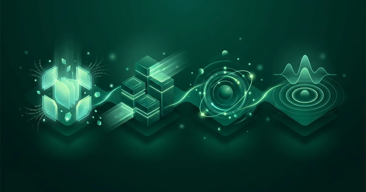 Abstract emerald study workflow showing notes, knowledge blocks, recall, and audio review