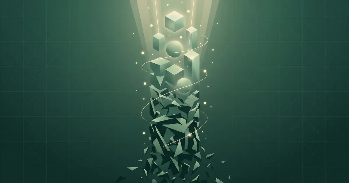 Abstract emerald illustration: a column of chaotic fragments resolving upward into calm, ordered geometric forms