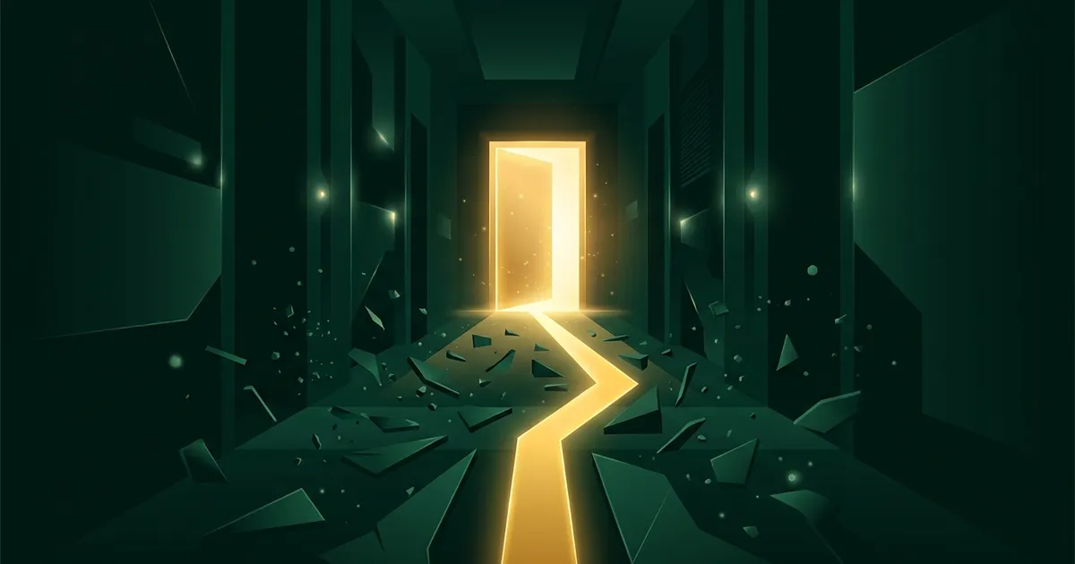 A young adult stepping out of a dim room toward an open, sunlit doorway, symbolizing taking control of your twenties and choosing a direction