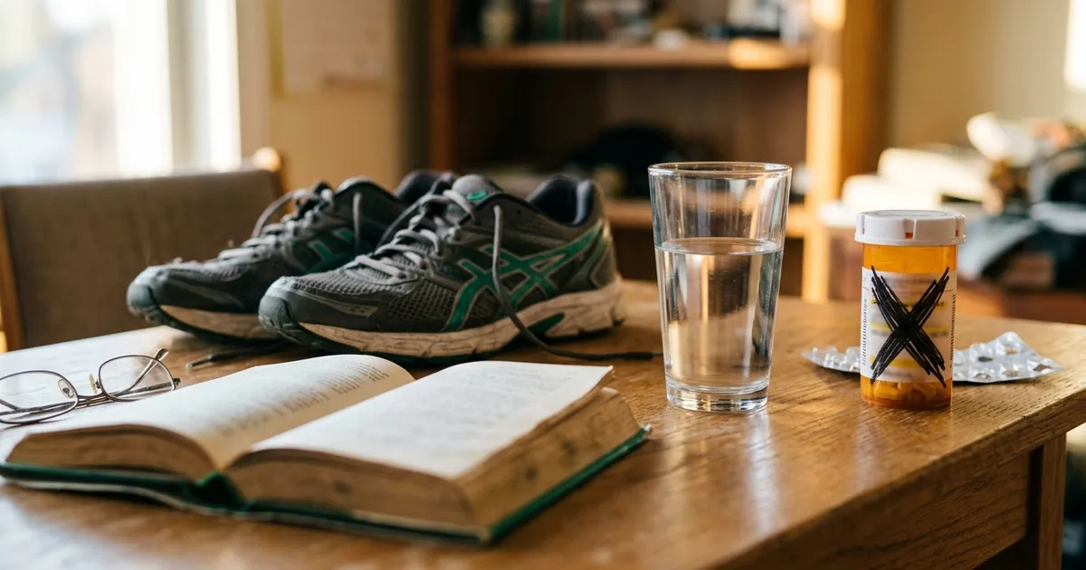 A split image: on one side running shoes, a book and a glass of water, on the other a pile of unlabeled supplement pills with a question mark
