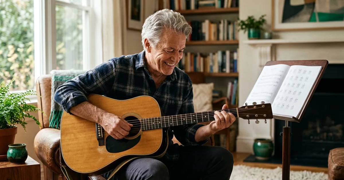 A woman in her sixties at a kitchen table learning to play a guitar for the first time, focused and delighted, morning light on her face