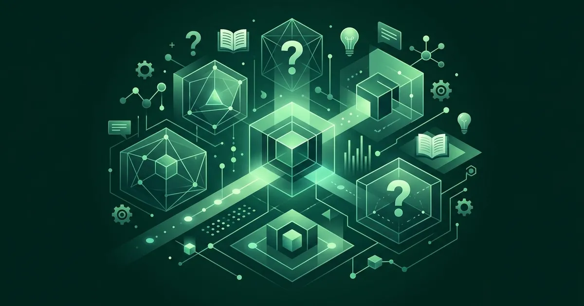 Abstract emerald illustration of glowing hexagonal panels marked with question marks, linked by a lit path