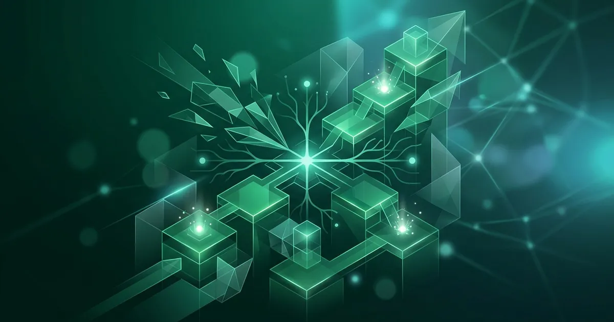Abstract emerald illustration of a brain with branching light paths, some scattered and some converging into a bright focused beam, symbolizing ADHD attention finding its channel