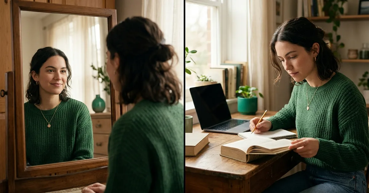 Split-screen image: one side a person taking a mirror selfie with skincare products, the other side the same person reading a book with a glowing brain icon